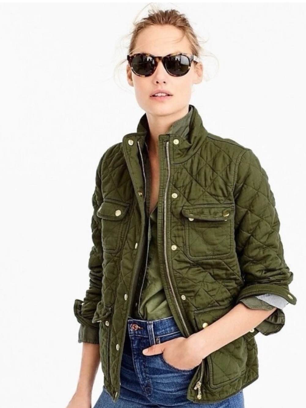 J. Crew Quilted Olive Utility Jacket with Gold-Tone Snaps